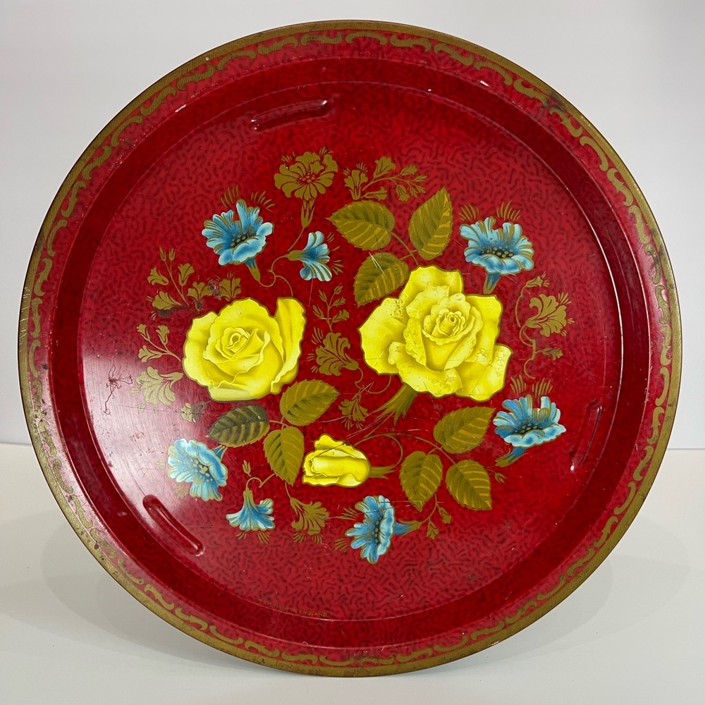 Vintage red floral round metal serving tray